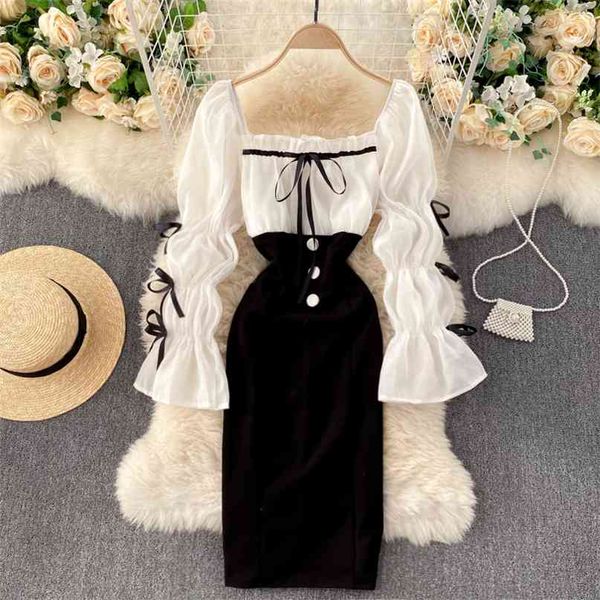 women fashion autumn winter square neck long flare sleeve slim party dress casual clothes vestidos q623 210527, Black;gray
women fashion autumn winter square neck long flare sleeve slim party dress casual clothes vestidos q623 210527, Black;gray