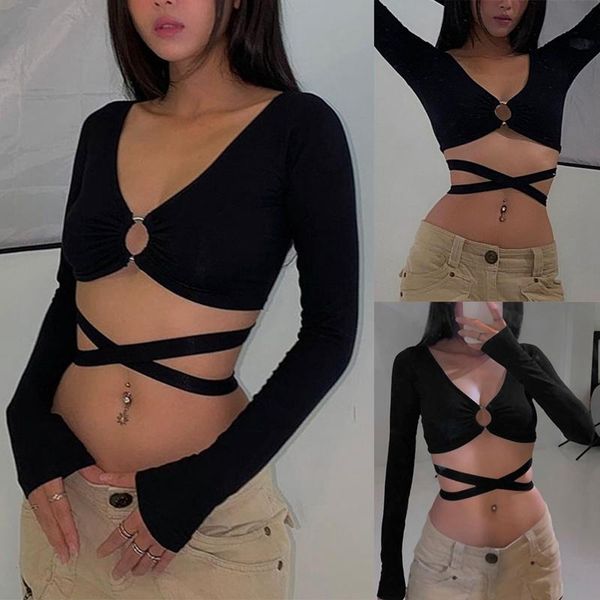 low cut v-neck long sleeve metal ring hollow crop fall women's t-shirt slim fashion black, White
low cut v-neck long sleeve metal ring hollow crop fall women's t-shirt slim fashion black, White