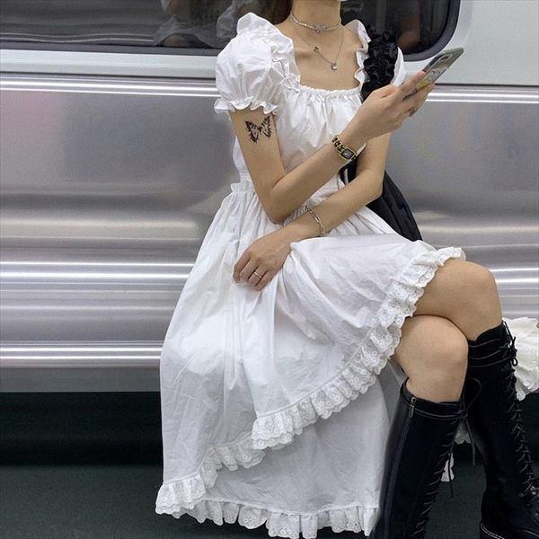 korean elegant casual womens tanks summer dress square collar vintage puff sleeve irregular lace splice midi long vestidos, White
korean elegant casual womens tanks summer dress square collar vintage puff sleeve irregular lace splice midi long vestidos, White