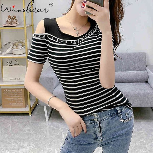 women's t-shirt summer korean clothes chic patchwork shiny rivet off shoulder women short sleeve casual slim tees t13323, White
women's t-shirt summer korean clothes chic patchwork shiny rivet off shoulder women short sleeve casual slim tees t13323, White