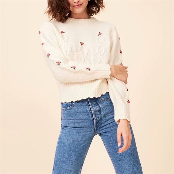 spring and autumn women's sweater casual solid color round neck long sleeve flower embroidery 210430, White;black
spring and autumn women's sweater casual solid color round neck long sleeve flower embroidery 210430, White;black