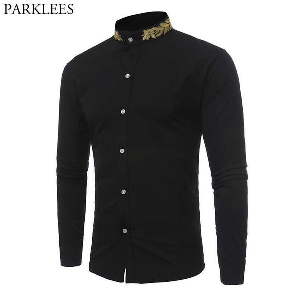 stand collar men shirt brand gold embroidery men shirt long sleeve slim fit cotton male shirts casual mens dress shirts 210628, White;black
stand collar men shirt brand gold embroidery men shirt long sleeve slim fit cotton male shirts casual mens dress shirts 210628, White;black