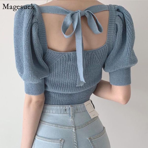 women's blouses & shirts korean chic backless knitted blosue women square collar loose hollow vintage woman shirt bow strap puff sleeve, White
women's blouses & shirts korean chic backless knitted blosue women square collar loose hollow vintage woman shirt bow strap puff sleeve, White