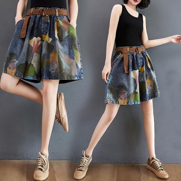large size women shorts loose printed denim casual oversize summer retro wide leg, White;black
large size women shorts loose printed denim casual oversize summer retro wide leg, White;black