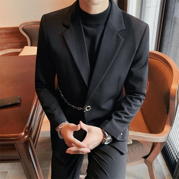 men's suits & blazers british style autumn winter fashion chain decor blazer men clothing one button slim fit business casual s, White;black
men's suits & blazers british style autumn winter fashion chain decor blazer men clothing one button slim fit business casual s, White;black
