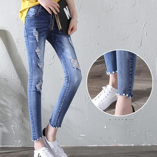 women's jeans streetwear ripped skinny for teen girls fashion ankle length women vintage pearl beading denim pants, Blue
women's jeans streetwear ripped skinny for teen girls fashion ankle length women vintage pearl beading denim pants, Blue