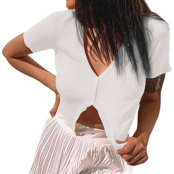 women's t-shirt women short sleeve navel v-neck button up ribbed knit slim crop y1qd, White
women's t-shirt women short sleeve navel v-neck button up ribbed knit slim crop y1qd, White
