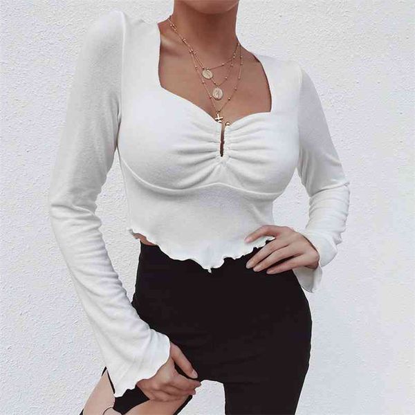 women casual spring long sleeve knitted white summer crop ruched bustier tshirt bohemian streetwear tees 210330
women casual spring long sleeve knitted white summer crop ruched bustier tshirt bohemian streetwear tees 210330