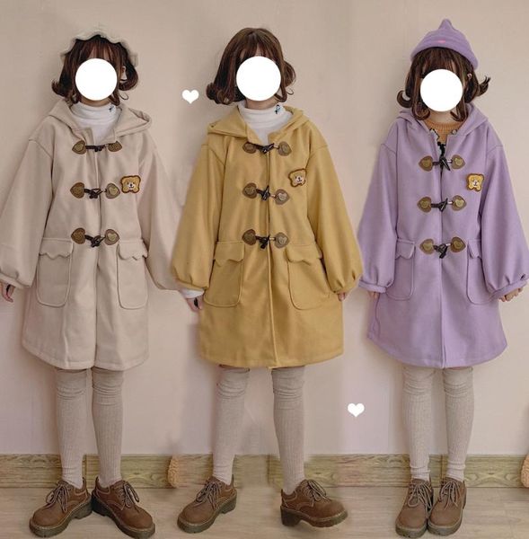 women's wool & blends japanese embroidery bear horn buttons loose woolen cloth jacket female padded coat girl student mid-length overco, Black
women's wool & blends japanese embroidery bear horn buttons loose woolen cloth jacket female padded coat girl student mid-length overco, Black