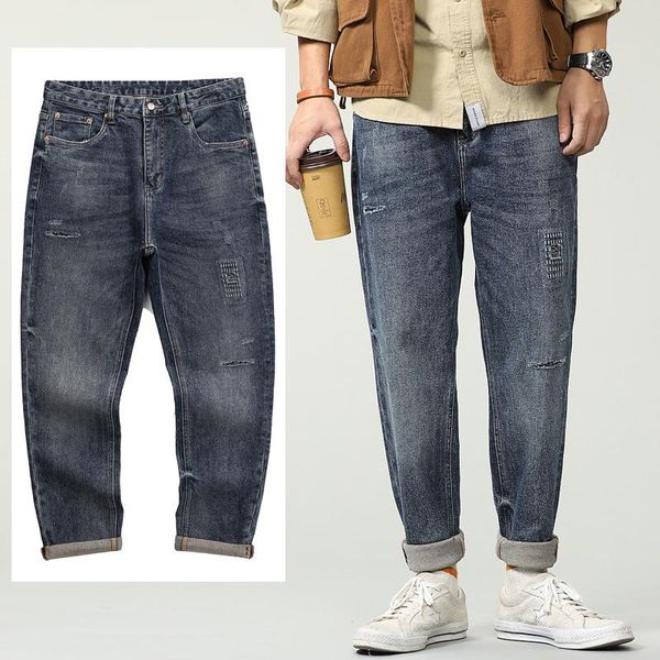 men's jeans d503 high street vintage denim pants for men japan style hole embroidery distressed frayed stretch small straight male, Blue
men's jeans d503 high street vintage denim pants for men japan style hole embroidery distressed frayed stretch small straight male, Blue