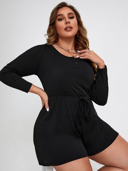 plus ribbed knit knot front romper e6ms#, Black