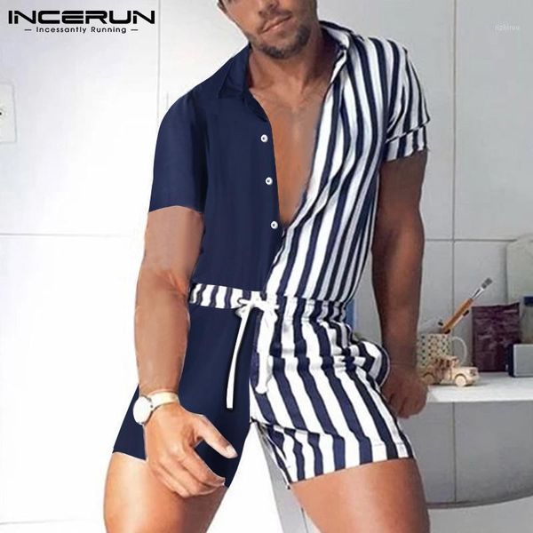 men striped patchwork rompers short sleeve lapel casual jumpsuits streetwear summer fashion overalls 2021 playsuits men's shorts, White;black
men striped patchwork rompers short sleeve lapel casual jumpsuits streetwear summer fashion overalls 2021 playsuits men's shorts, White;black