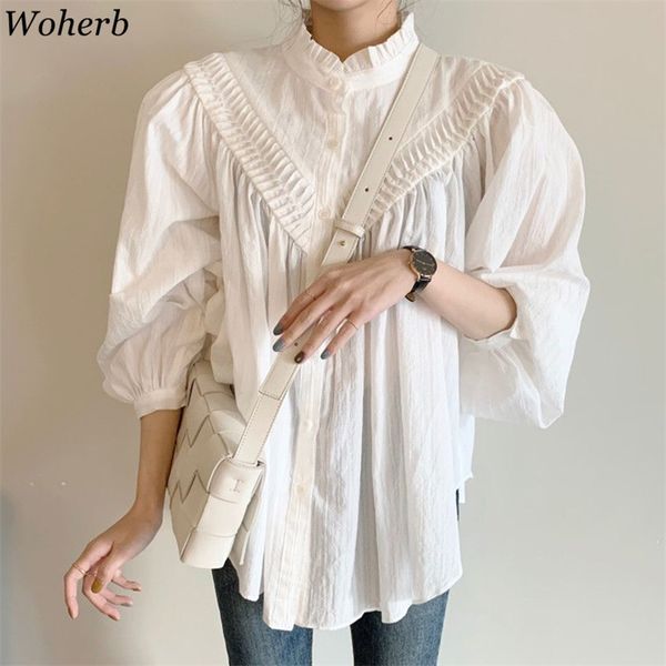 korean shirts women blusas mujer de moda fashion ruffles stand neck pleated blouses lantern sleeve loose blouse 210519, White
korean shirts women blusas mujer de moda fashion ruffles stand neck pleated blouses lantern sleeve loose blouse 210519, White