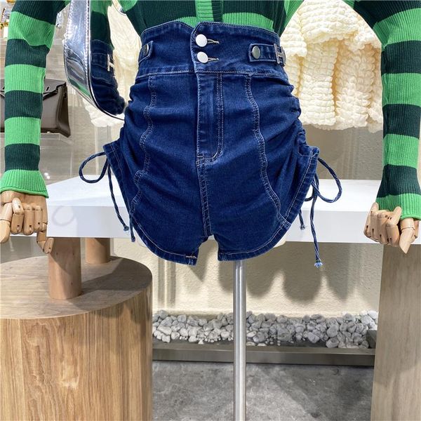 women's shorts 2021 heavy industry metal buckle high waist versatile denim fashion fried street drawstring pleated stretch pants, White;black
women's shorts 2021 heavy industry metal buckle high waist versatile denim fashion fried street drawstring pleated stretch pants, White;black
