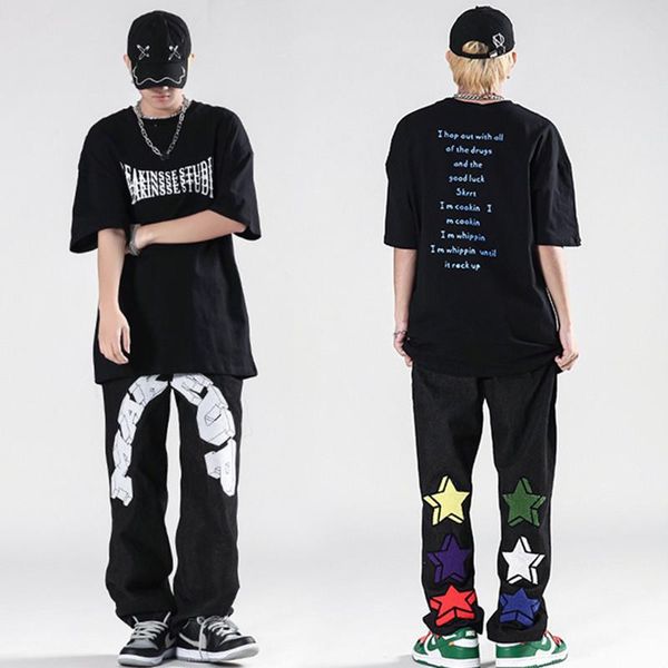 men's jeans fashion 2021 english word sticker embroidered and women's straight casual pants hip hop loose men clothing, Blue
men's jeans fashion 2021 english word sticker embroidered and women's straight casual pants hip hop loose men clothing, Blue