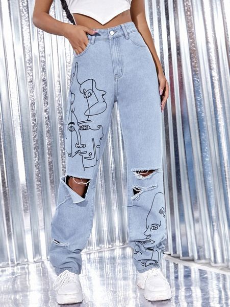 face line art ripped jeans l39i#, Blue