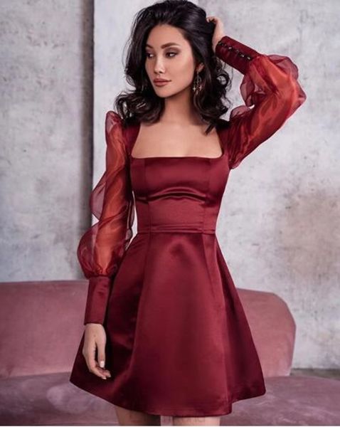 square neck cocktail dresses sheer long sleeves short prom dress ruched sain a line club wear party homecoming gowns, Black
square neck cocktail dresses sheer long sleeves short prom dress ruched sain a line club wear party homecoming gowns, Black