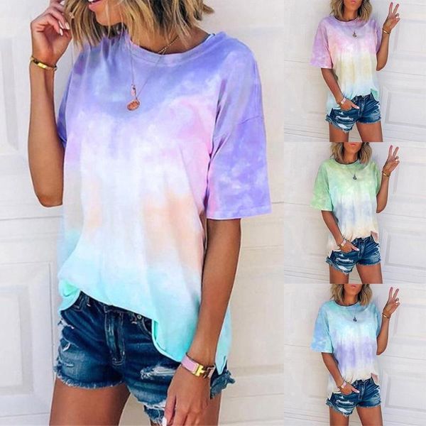 women's t-shirt women fashion o neck short sleeve gradient color tie dye loose tees female, White
women's t-shirt women fashion o neck short sleeve gradient color tie dye loose tees female, White