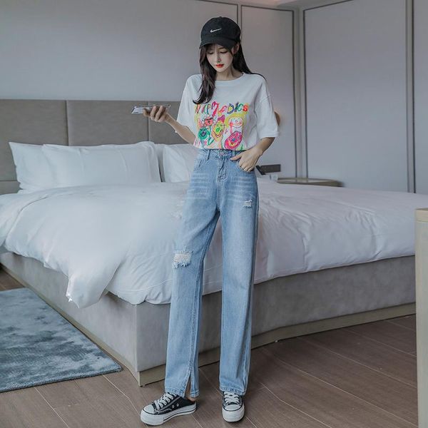 jeans women's high-waisted straight slim pants split light-colored korean version of the trendy wide-leg mopping, Blue
jeans women's high-waisted straight slim pants split light-colored korean version of the trendy wide-leg mopping, Blue