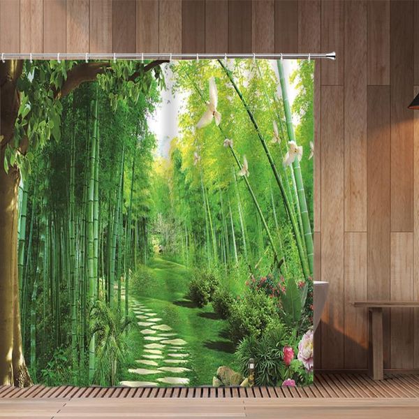 shower curtains green bamboo leaf curtain flowers birds plant leaves scenery pattern bathroom hanging bathtub decor bath screen