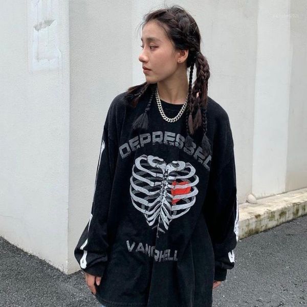 women's t-shirt adults letter skeleton print round neck long sleeve loose pullover for spring fall oversize boyfriend street, White
women's t-shirt adults letter skeleton print round neck long sleeve loose pullover for spring fall oversize boyfriend street, White