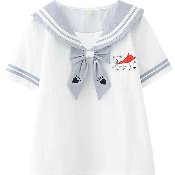 vintage sailor kawaii cat grapgic shirts women lolita school uniform teens summer soft girl cute bow tie striped tshirt, White 
vintage sailor kawaii cat grapgic shirts women lolita school uniform teens summer soft girl cute bow tie striped tshirt, White