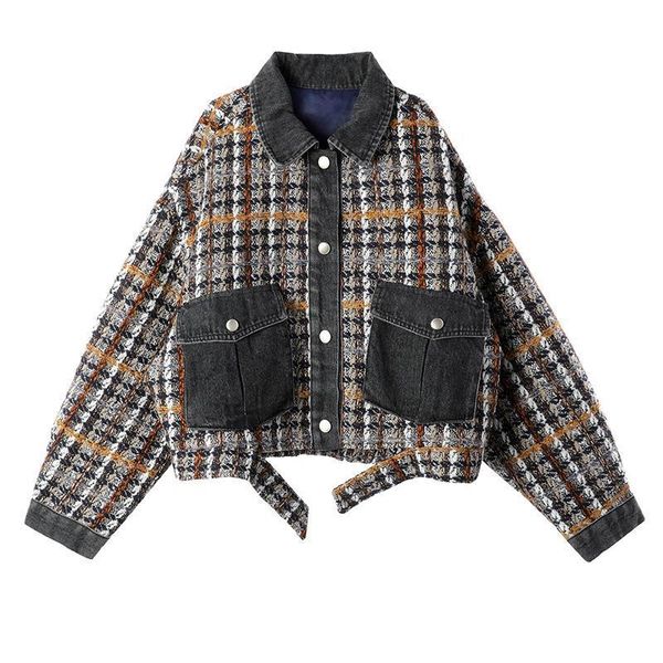 women's jackets autumn and winter 2021 loose jacket coat splicing women denim plaid coats, Black;brown
women's jackets autumn and winter 2021 loose jacket coat splicing women denim plaid coats, Black;brown