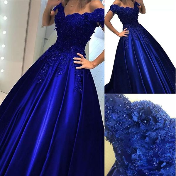 

New Royal Blue Ball Gown Cheap Prom Dress Off the shoulder Lace 3D Flowers Beaded Corset Satin Evening Formal Dresses Gowns