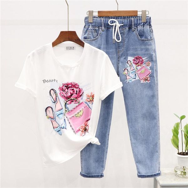 two piece dress summer beading print t shirt + elastic waist denim pants women set korean loose white tee jeans outfits female
two piece dress summer beading print t shirt + elastic waist denim pants women set korean loose white tee jeans outfits female