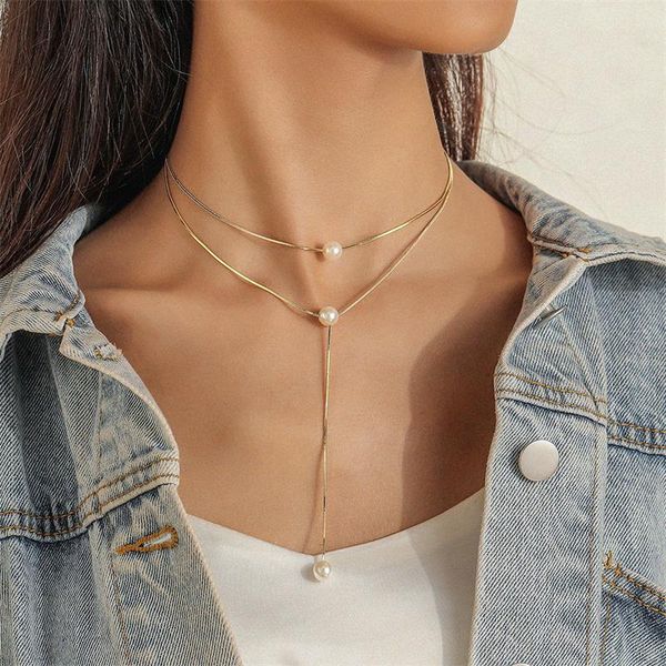 pendant necklaces double layer copper flat snake chain pearl necklace fashion tassel clavicle for women jewelry gifts, Silver
pendant necklaces double layer copper flat snake chain pearl necklace fashion tassel clavicle for women jewelry gifts, Silver
