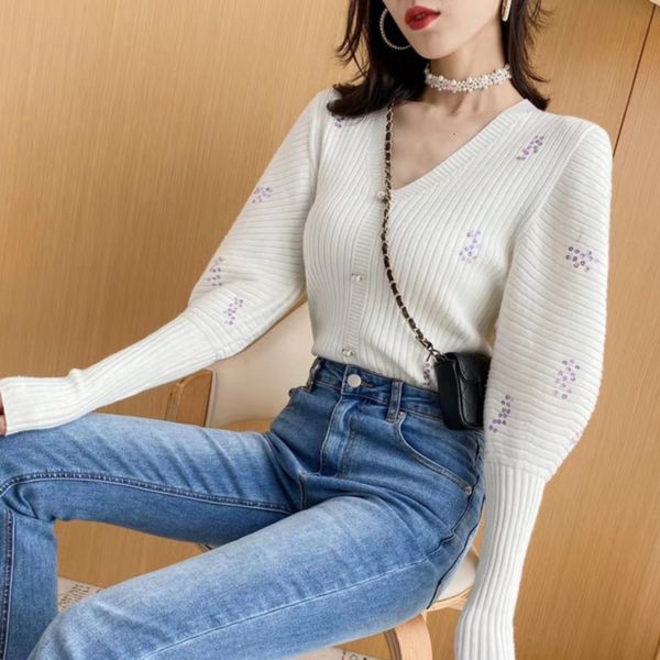 women's sweaters v neck floral sequins women puff sleeve single breasted pullovers female sweater autumn winter elegant 8qhf, White;black
women's sweaters v neck floral sequins women puff sleeve single breasted pullovers female sweater autumn winter elegant 8qhf, White;black