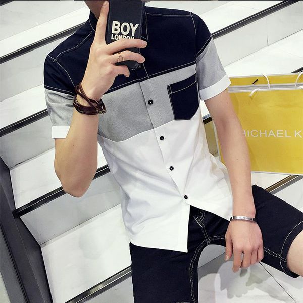 men's casual shirts 2021 korean version of the fashion slim fit patchwork shirt color short-sleeved, White;black
men's casual shirts 2021 korean version of the fashion slim fit patchwork shirt color short-sleeved, White;black