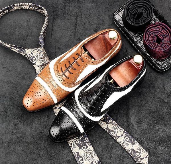 dress shoes pointed toes men's mix colour patchwork brogue lace-up carved genuine leather low heel height increasing, Black
dress shoes pointed toes men's mix colour patchwork brogue lace-up carved genuine leather low heel height increasing, Black