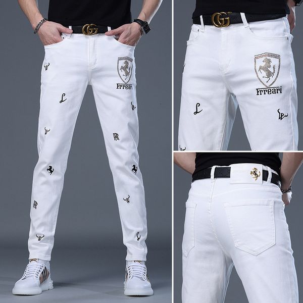 jeans white men's thin summer high-end embroidered slim fit elastic capris personalized printed pants, Blue
jeans white men's thin summer high-end embroidered slim fit elastic capris personalized printed pants, Blue