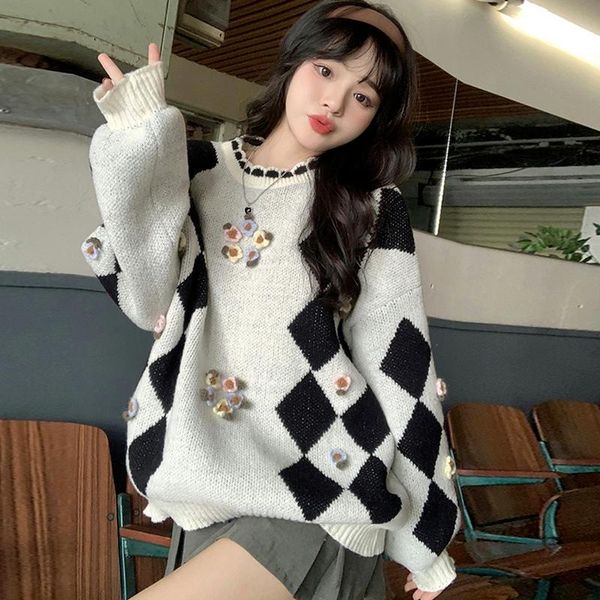 women's sweaters tide fashion floral knitted patchwork pullover chic hit color argyle sweater loose long sleeve woman, White;black
women's sweaters tide fashion floral knitted patchwork pullover chic hit color argyle sweater loose long sleeve woman, White;black