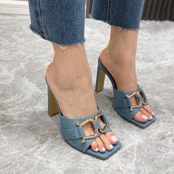sandals womens 11cm slippers women summer blue denim high heel ladies metal button mules shoes vrouwen schoenen, Black
sandals womens 11cm slippers women summer blue denim high heel ladies metal button mules shoes vrouwen schoenen, Black