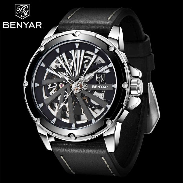 2021 benyar new men automatic mechanical clocks double-sided hollow design leather nightlight clock relogio masculino, Slivery;brown
2021 benyar new men automatic mechanical clocks double-sided hollow design leather nightlight clock relogio masculino, Slivery;brown