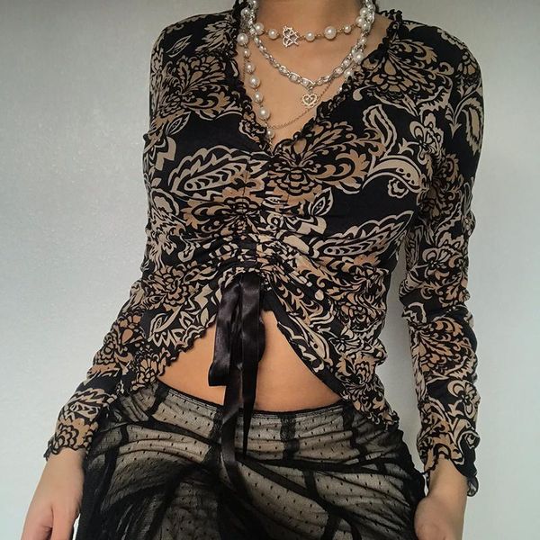 women's t-shirt women front drawstring vintage printed long sleeve v neck slim fit rufffles t-shirts ladies elegant casual crop, White
women's t-shirt women front drawstring vintage printed long sleeve v neck slim fit rufffles t-shirts ladies elegant casual crop, White