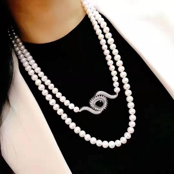 chains women's jewelry 8-9mm 110cm micro inlaid zircon eye accessories white freshwater pearl necklace long sweater chain, Silver
chains women's jewelry 8-9mm 110cm micro inlaid zircon eye accessories white freshwater pearl necklace long sweater chain, Silver