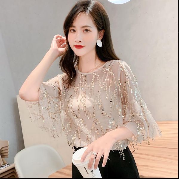 women blouses blusas womens shirt lace sequin summer trumpet sleeve chiffon blouse plus size clothing, White
women blouses blusas womens shirt lace sequin summer trumpet sleeve chiffon blouse plus size clothing, White