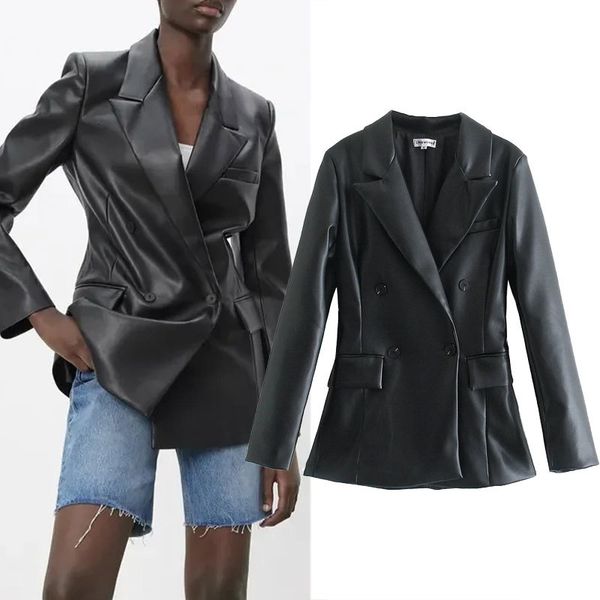 women's jackets female blazer imitation leather, vintage jacket with long sleeves and fake pockets, women's fashionable outer garm, Black;brown
women's jackets female blazer imitation leather, vintage jacket with long sleeves and fake pockets, women's fashionable outer garm, Black;brown