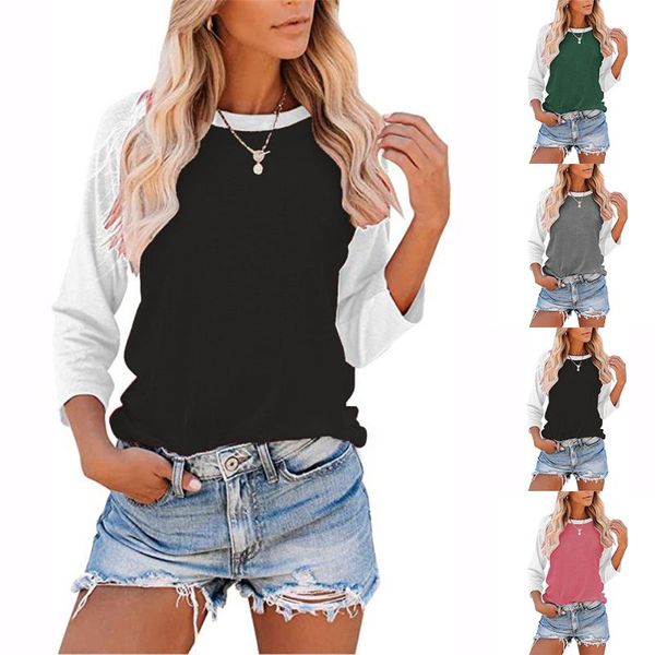 women's t-shirt women three quarter sleeve shirt patchwork crew neck casual loose pullover, White
women's t-shirt women three quarter sleeve shirt patchwork crew neck casual loose pullover, White