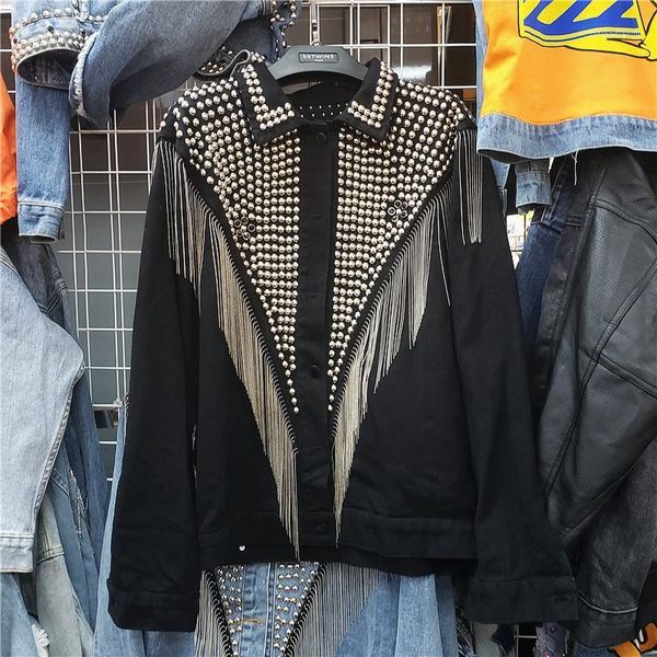 women's jackets denim jacket 2021 heavy industry rivet tassel short section loose fashion female, Black;brown
women's jackets denim jacket 2021 heavy industry rivet tassel short section loose fashion female, Black;brown