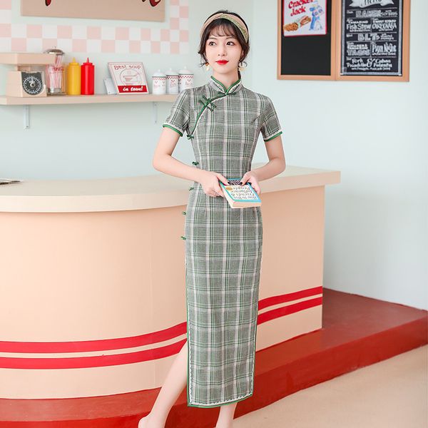 lace trim plaid printed handmade button cotton long qipao traditional chinese women short sleeve dress daily cheongsam, Red
lace trim plaid printed handmade button cotton long qipao traditional chinese women short sleeve dress daily cheongsam, Red