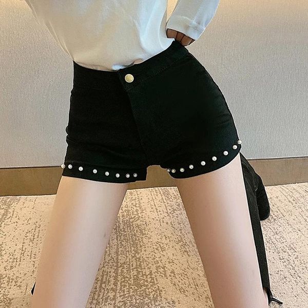 women's shorts summer beach black pearl beaded denim cotton slim solid low waist women bodycon plus size jeans, White;black
women's shorts summer beach black pearl beaded denim cotton slim solid low waist women bodycon plus size jeans, White;black