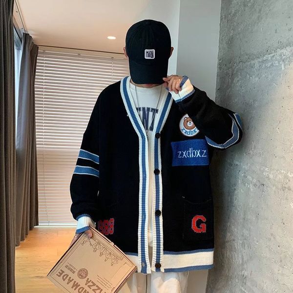 embroidered bear cardigan men classic harajuku autumn youthful knit coat loose stripe sweater casual couple cardigans, Black;white
embroidered bear cardigan men classic harajuku autumn youthful knit coat loose stripe sweater casual couple cardigans, Black;white