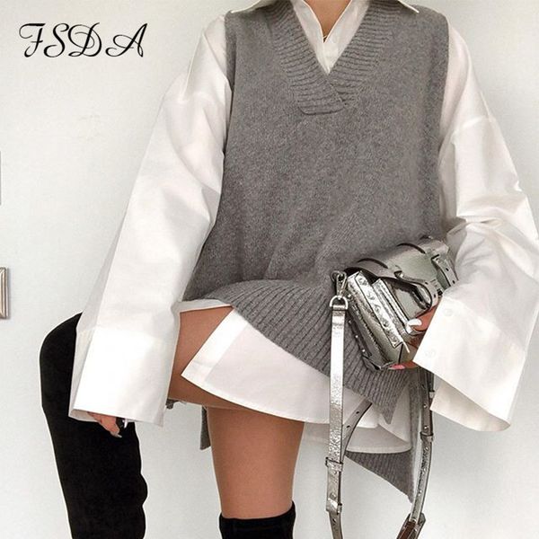 v neck 2021 women split vest sweater dress sleeveless gray autumn winter loose casual knitted jumper oversized pullover, Black;white
v neck 2021 women split vest sweater dress sleeveless gray autumn winter loose casual knitted jumper oversized pullover, Black;white