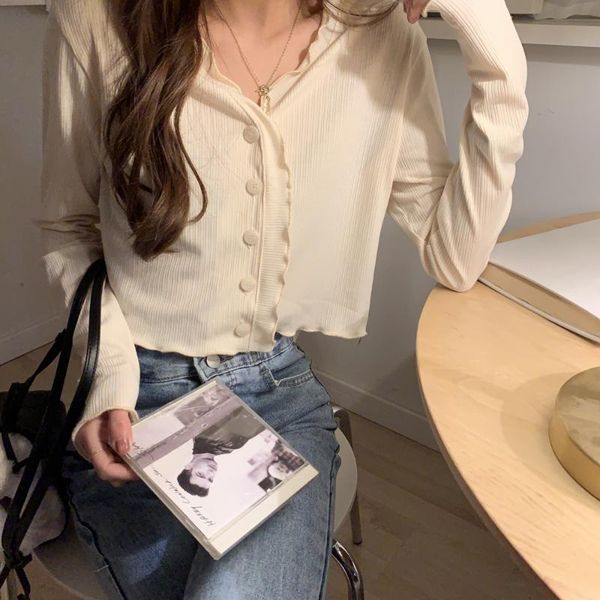 women's knits & tees fafa korean version cardigan of the temperament slim and versatile v-neck wavy edge knitted coat, White
women's knits & tees fafa korean version cardigan of the temperament slim and versatile v-neck wavy edge knitted coat, White
