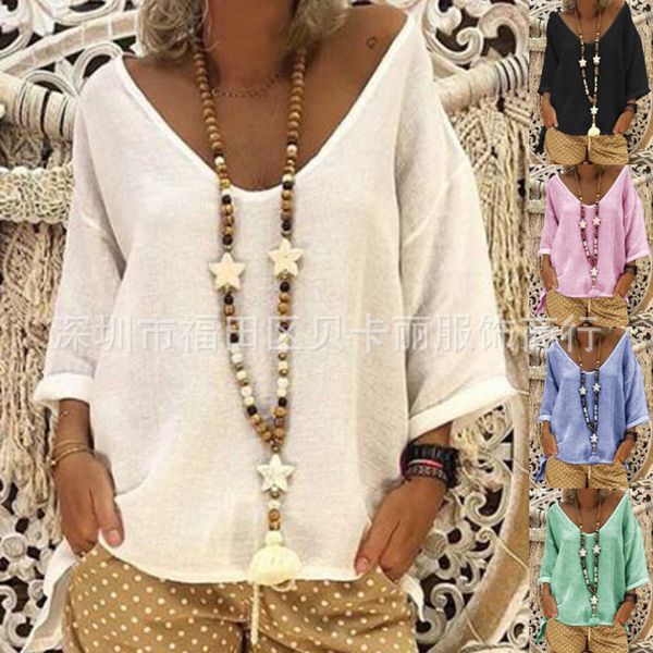 2021 spring / summer v-neck 7 4 sleeve t-shirt pullover cotton linen women's wear, White
2021 spring / summer v-neck 7 4 sleeve t-shirt pullover cotton linen women's wear, White