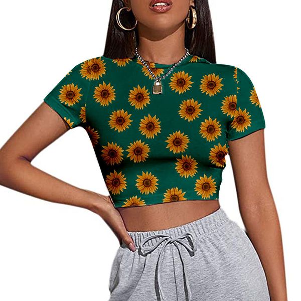 fashion t shirt women's slim yellow daisy floral print short sleeve navel, White
fashion t shirt women's slim yellow daisy floral print short sleeve navel, White